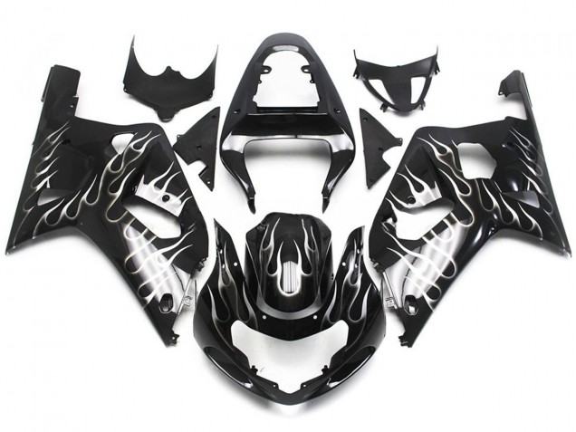 Black and White Gloss Flame 2001-2003 GSXR 600-750 Motorcycle Fairing