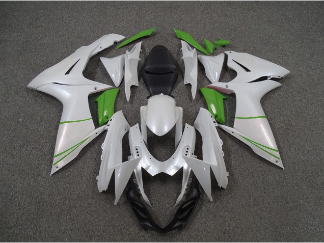 Pearl White and Green 2011-2024 GSXR 600-750 Motorcycle Fairing